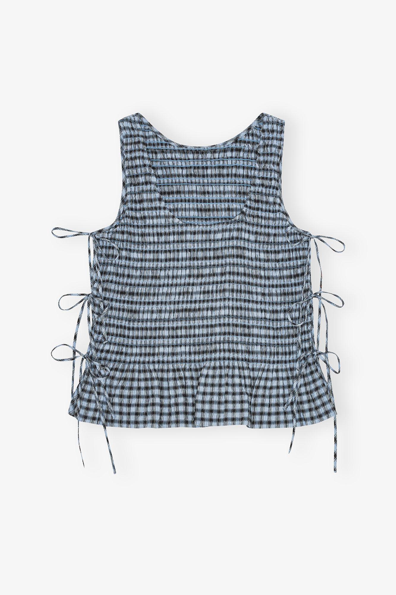 Blue Seersucker Check Smock Tie String Top Product Image