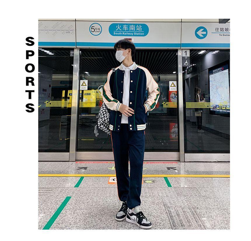 Couple Matching Crew Neck Striped Button Baseball Jacket / Harem Sweatpants / Short-Sleeve Striped Polo Shirt Product Image