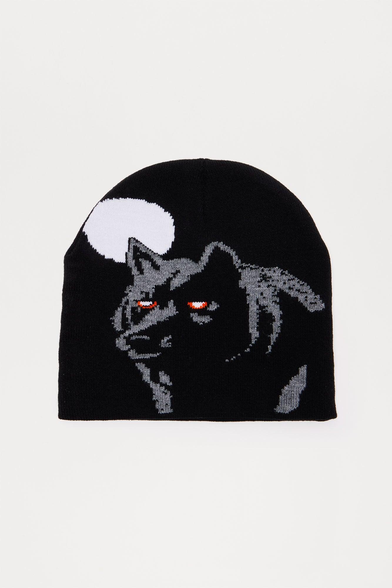 Graphic Wolf Skull Beanie - Black Product Image