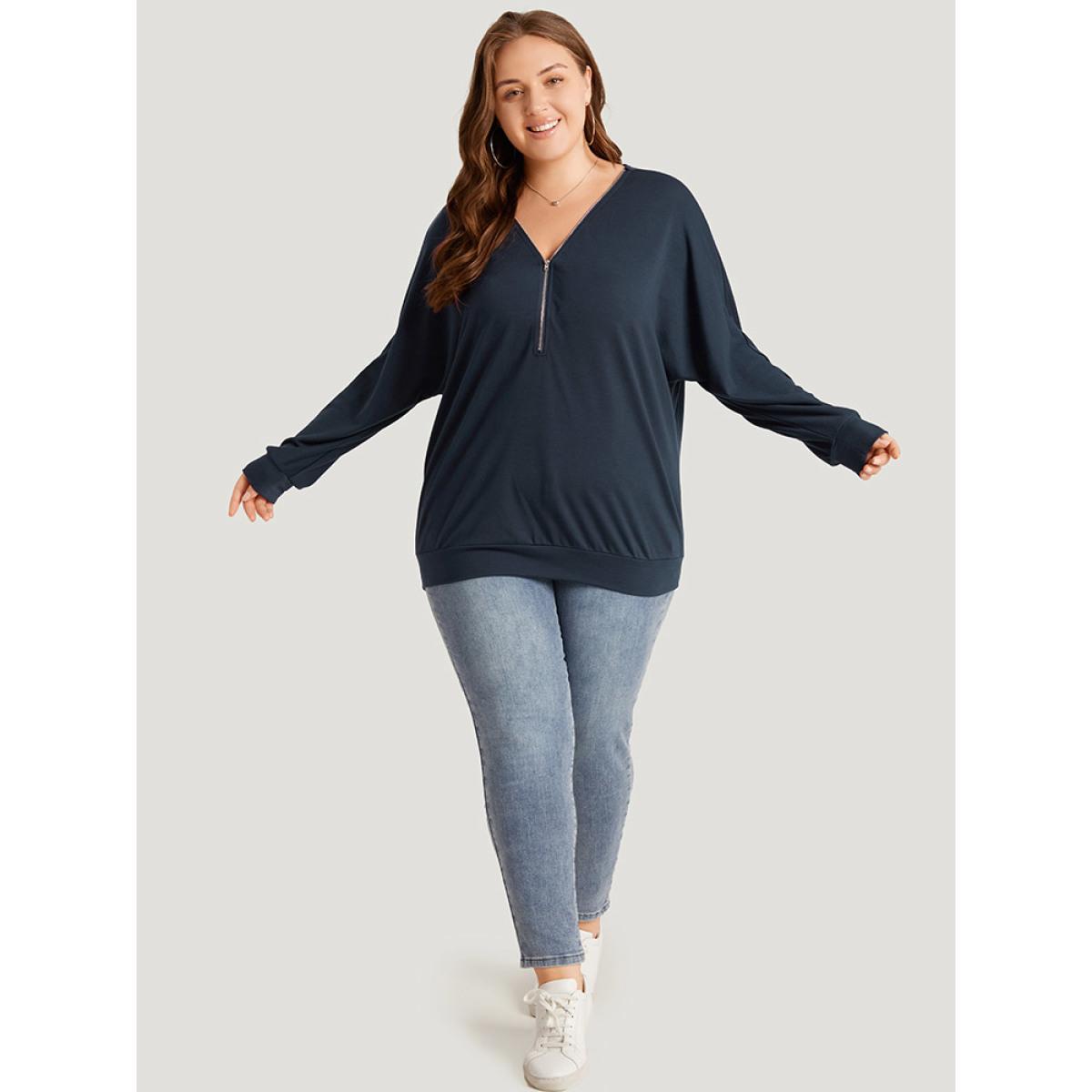 Plus Size Plain Zipper Half Elastic Cuffs Batwing Sleeve Sweatshirt Women Indigo Casual Elastic cuffs V-neck Dailywear Sweatshirts BloomChic 26/4X Product Image