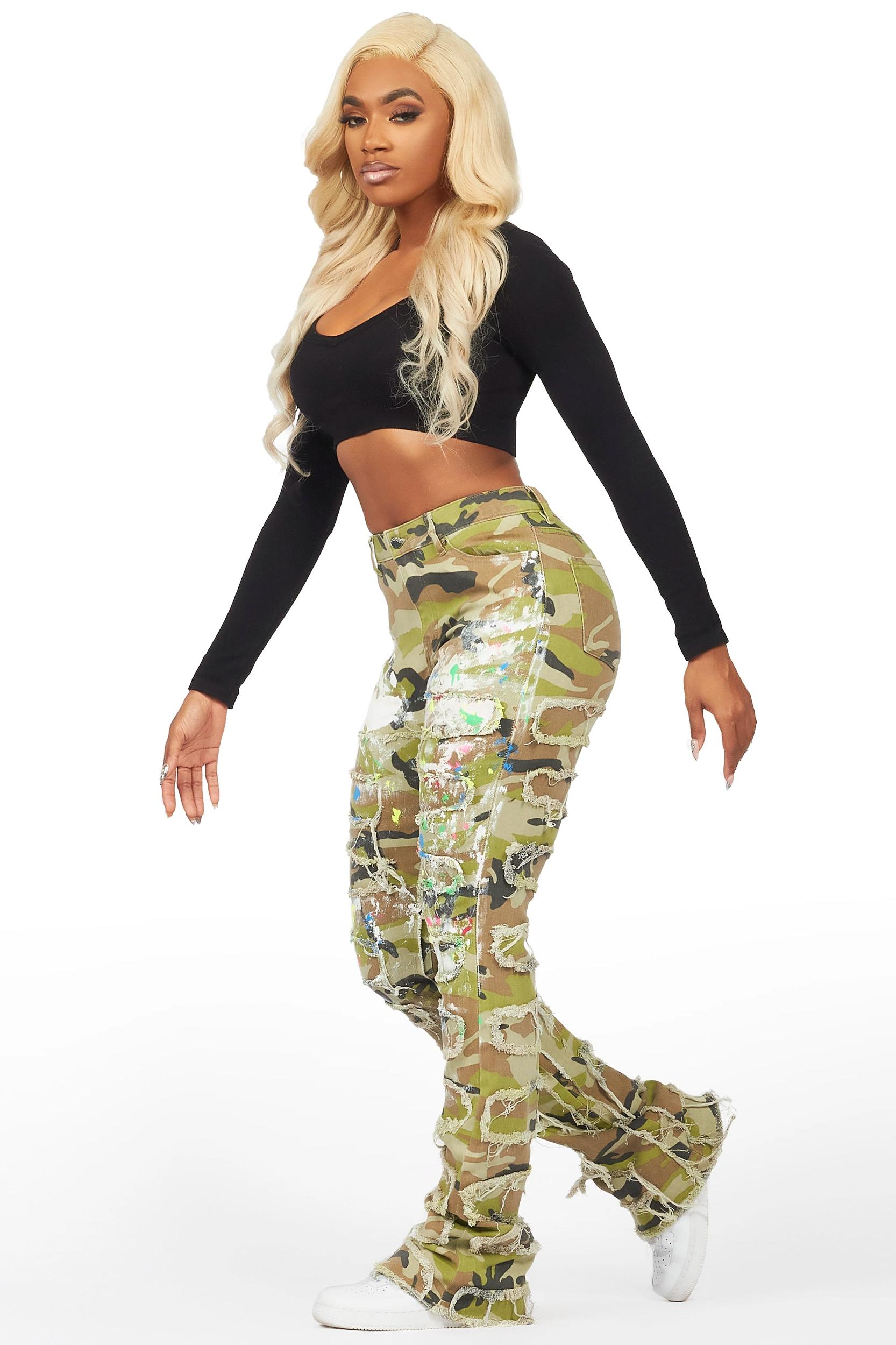 Raeshell Green Camo Painted Stacked Jean Female Product Image