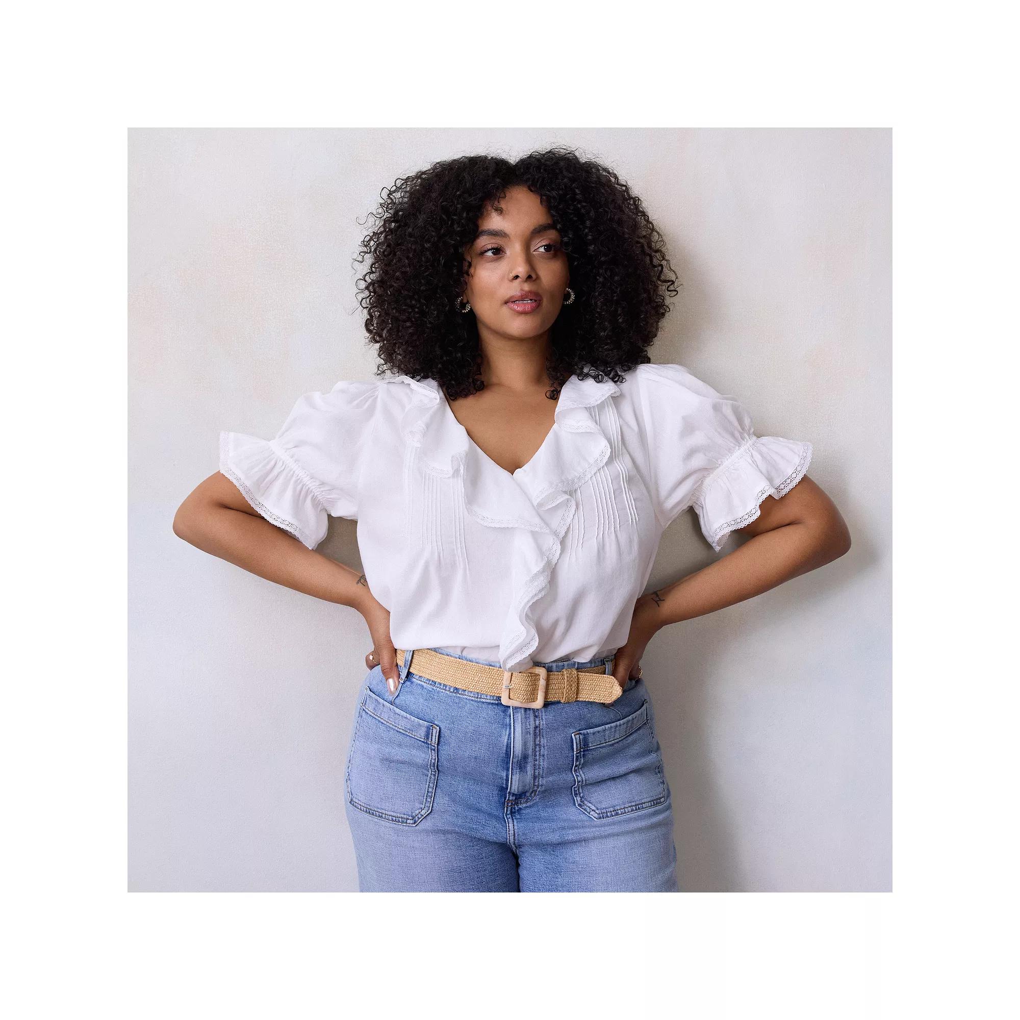 Plus Size LC Lauren Conrad Ruffle Front Pintuck Blouse, Women's, Size: 1XL, Grey White Product Image