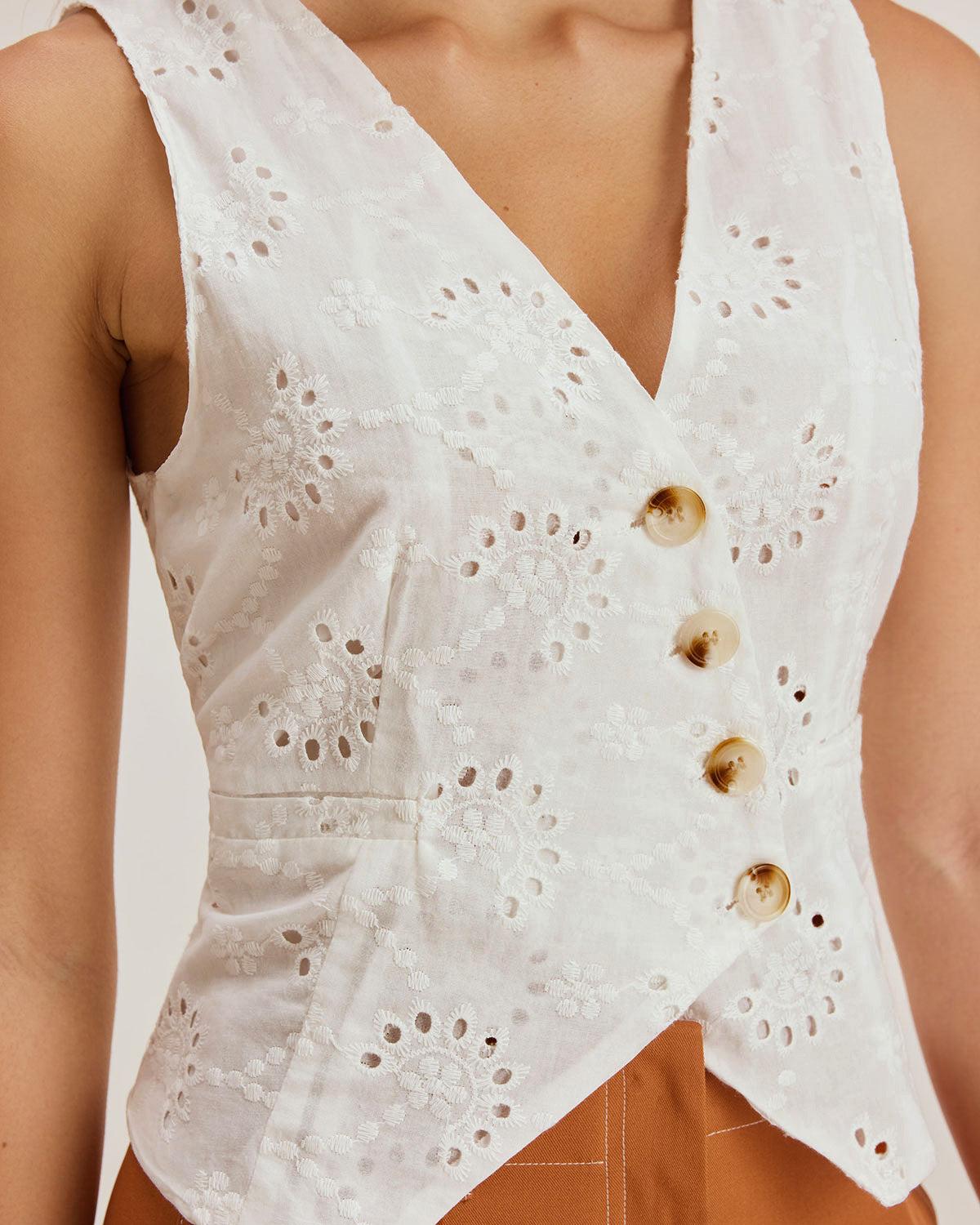 White Jacquard Single Breasted Vest Product Image