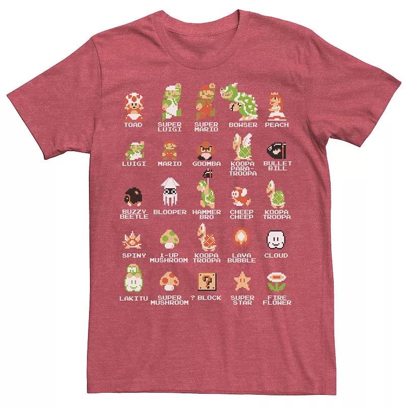Men's Nintendo Super Mario 8-bit Pixel Icons List Vintage Graphic Tee,  Product Image