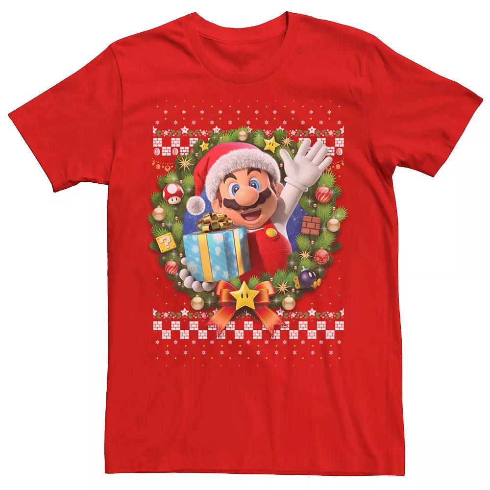 Men's Nintendo Super Mario 3D Christmas Wreath Present Graphic Tee,  Product Image