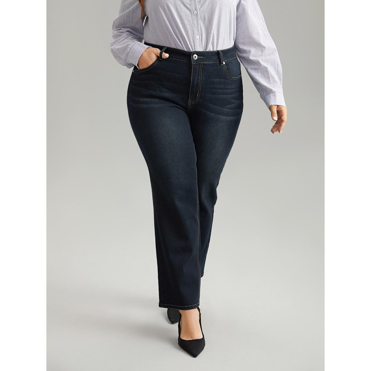Plus Size Dark Wash Zipper Fly Straight Leg Jeans Women Midnight Casual Plain Plain High stretch Pocket Jeans BloomChic 12/L Product Image