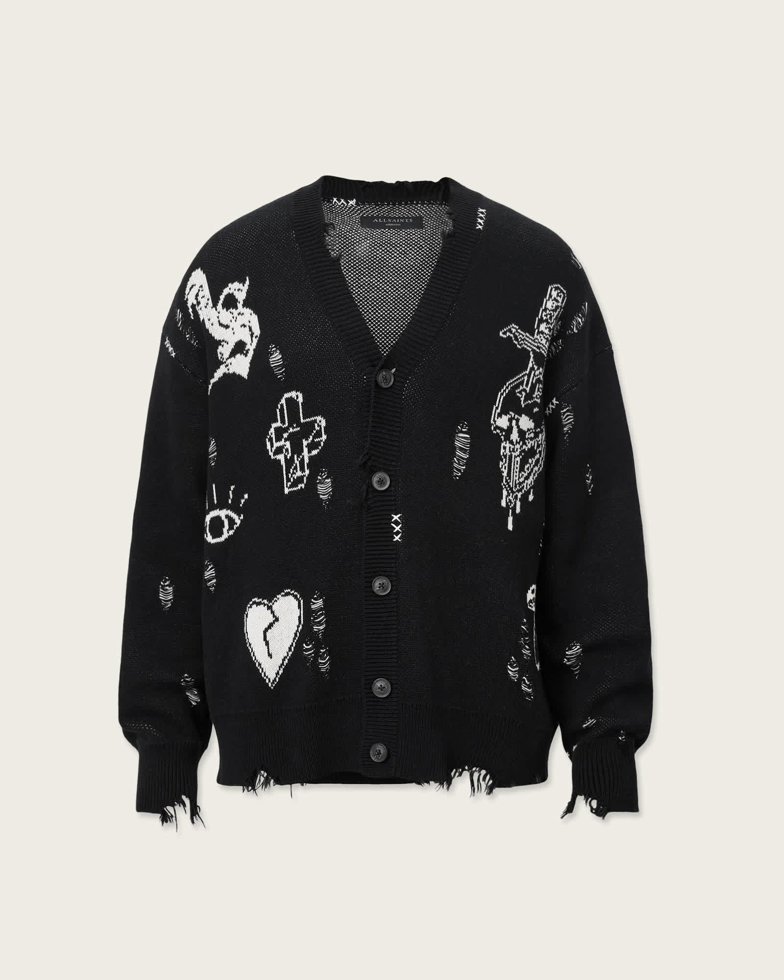 Caledon Oversized Jacquard Cardigan BLACK/CHALK WHITE | ALLSAINTS US Product Image