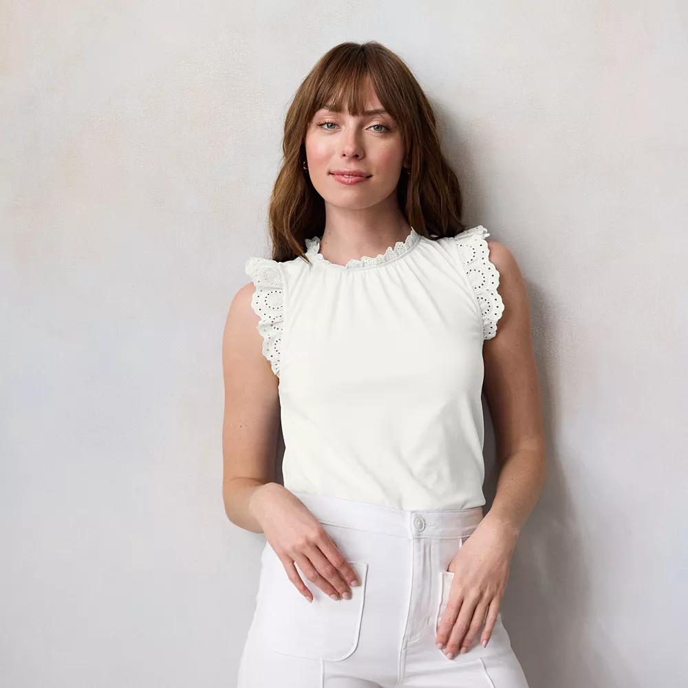 Women's LC Lauren Conrad Lace Ruffle Sleeve Crewneck Tank Top, Size: XS, Grey White Product Image