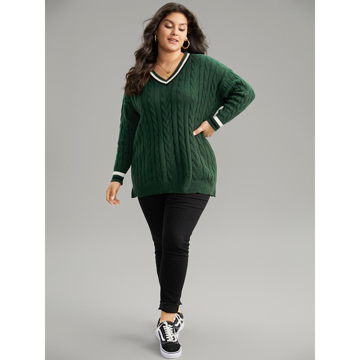 Plus Size Cable Knit Contrast Trim Drop Shoulder Pullover DarkGreen Women Casual Loose Long Sleeve V-neck Dailywear Pullovers BloomChic 22-24/3X Product Image