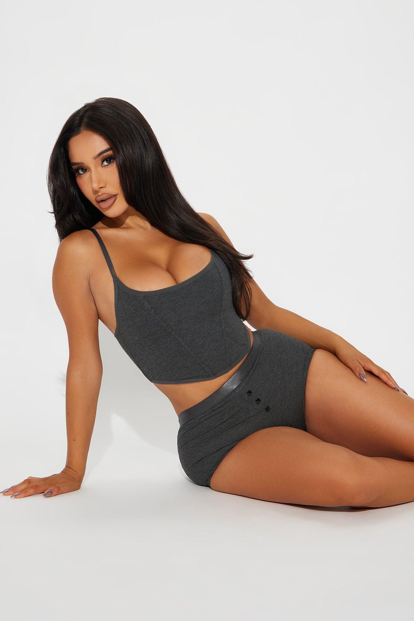 Spoil Me Ribbed Corset 2 Piece Set - Charcoal Product Image