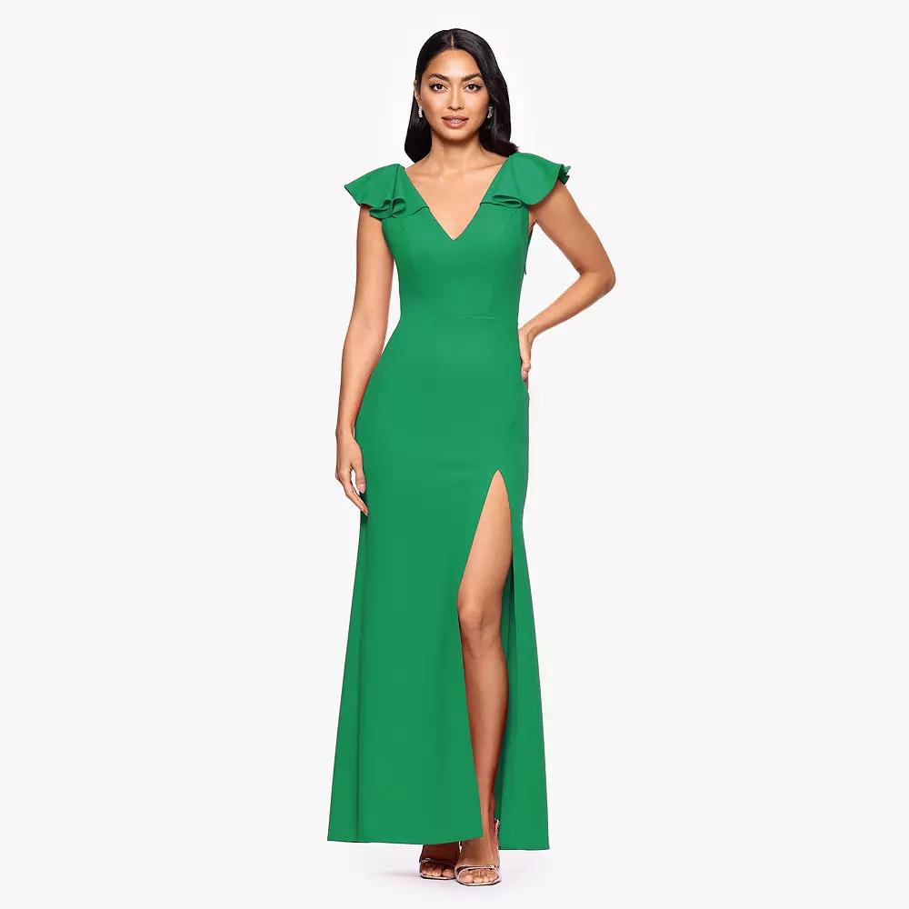 Women's BA Nites Long Scuba Crepe Ruffle V-Neck Dress,  Product Image
