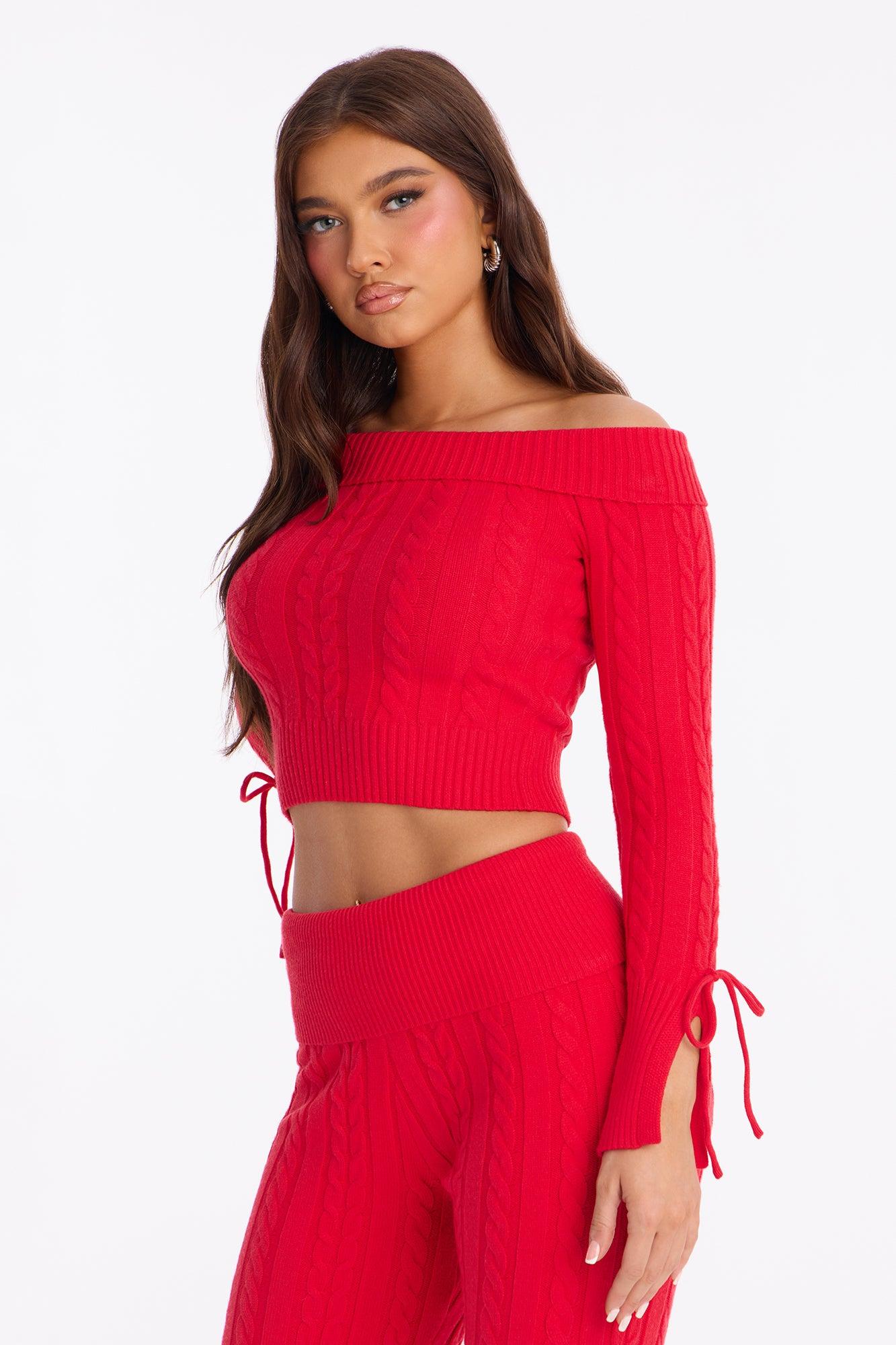 Mikayla Off Shoulder Sweater Pant Set - Red Female Product Image