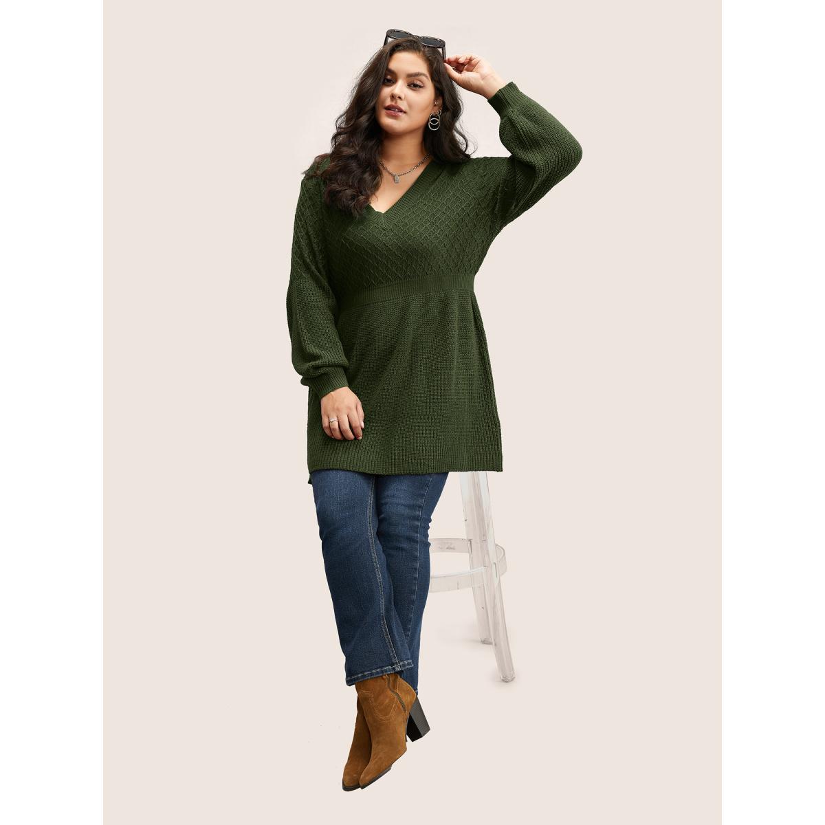 Plus Size Plain Plisse Lantern Sleeve A Line Pullover Scarlet Women Timeless Long Sleeve V-neck Elegant Pullovers BloomChic 28/5X Product Image