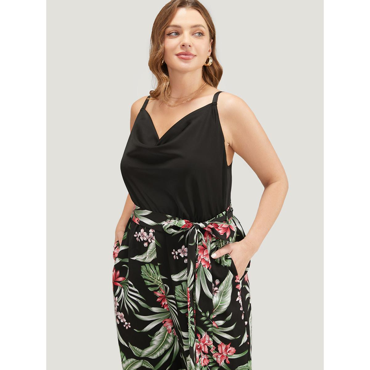 Plus Size Black Tropical Patchwork Cowl Neck Pocket Belted Cami Jumpsuit Women Vacation Sleeveless Cowl Neck Dailywear Loose Jumpsuits BloomChic 22-24/3X Product Image
