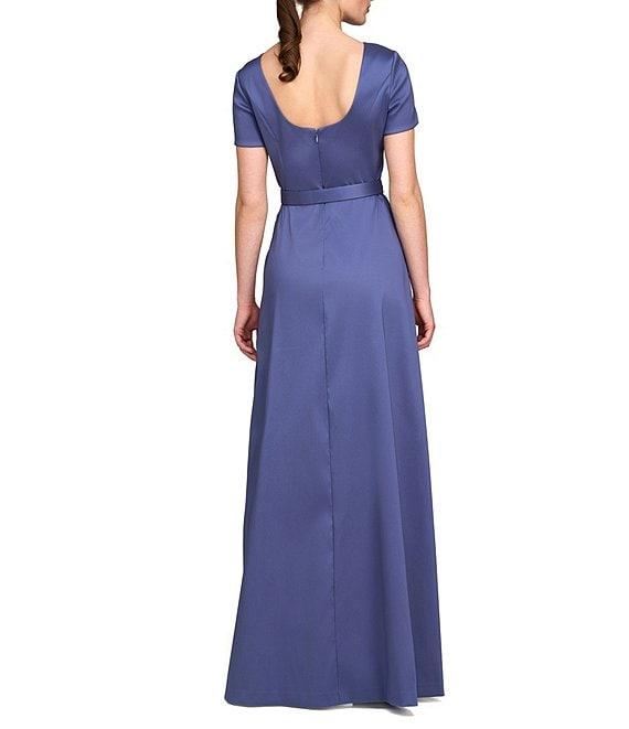 Kay Unger Louisa Stretch Mikado Boat Neck Short Sleeve Belted A-Line Gown Product Image
