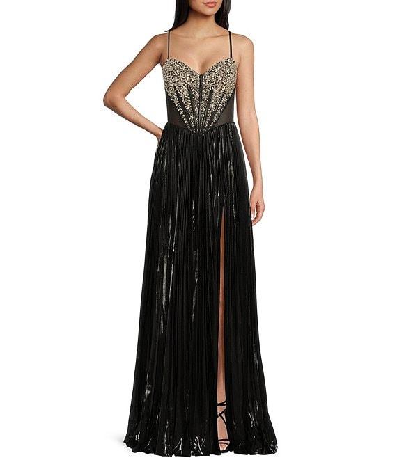 Jovani Metallic Sweetheart Neck Beaded Corset Bodice Spaghetti Strap A-Line Dress Product Image