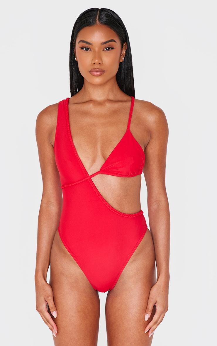 Red Plait Detail Asymmetric Swimsuit Product Image