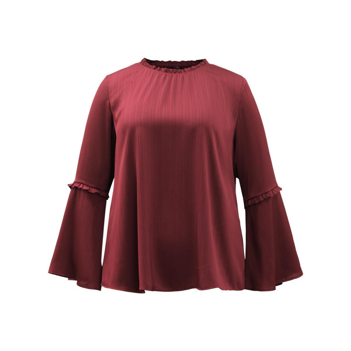 Plus Size Scarlet Plain Frill Trim Bell Sleeve Blouse Women Elegant Long Sleeve Round Neck Dailywear Blouses BloomChic 22-24/3X Product Image