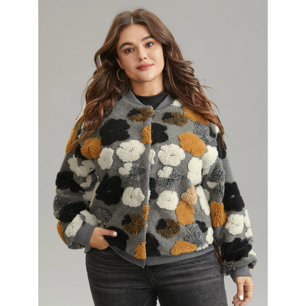 Plus Size Floral Contrast Button Up Jacquard Fluffy Jacket Women Gray Elastic cuffs Pocket Dailywear Jackets BloomChic 12/L Product Image