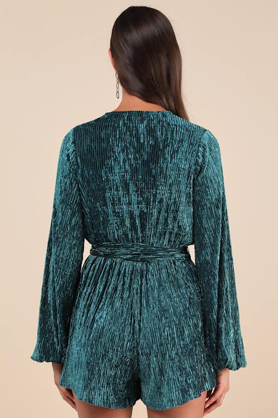 Signature Poise Teal Velvet Shadow Stripe Surplice Romper Product Image