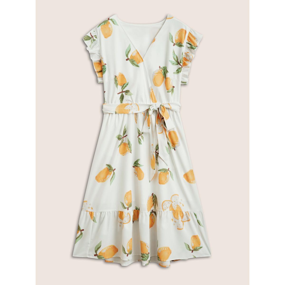 Plus Size Citrus Lemon Print Ruffles Patchwork Belted Dress White Women Elegant Overlapping Overlap Collar Cap Sleeve Curvy BloomChic 14-16/1X Product Image