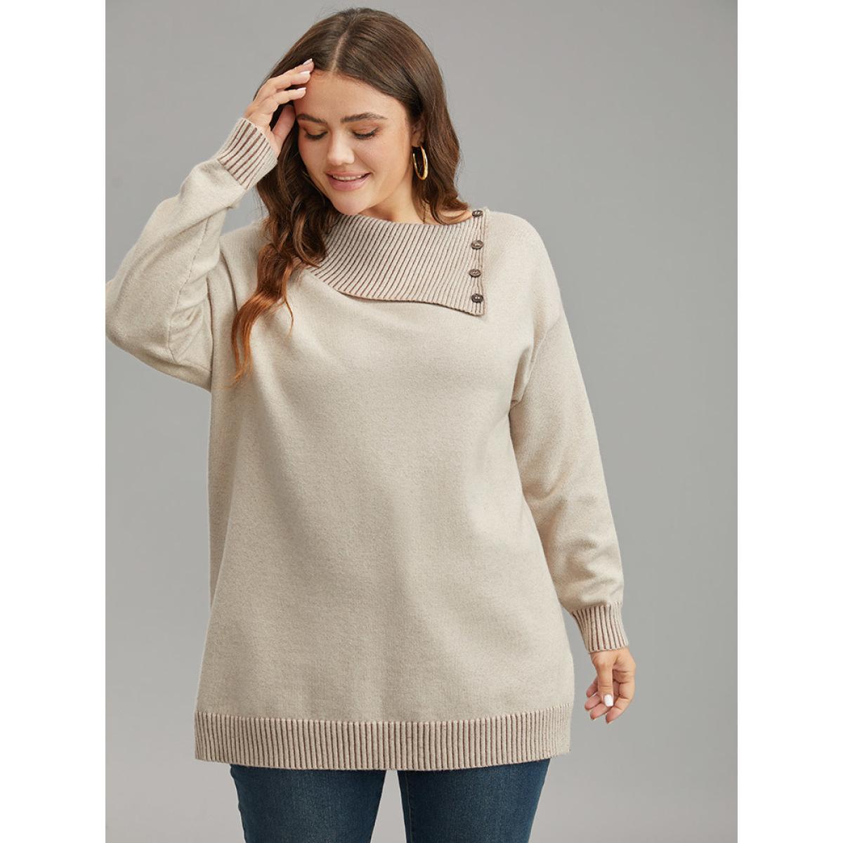 Plus Size Supersoft Essentials Asymmetrical Neck Button Detail Pullover LightBrown Women Leisure Loose Long Sleeve Asymmetrical Neck Casual Pullovers BloomChic 14-16/1X Product Image