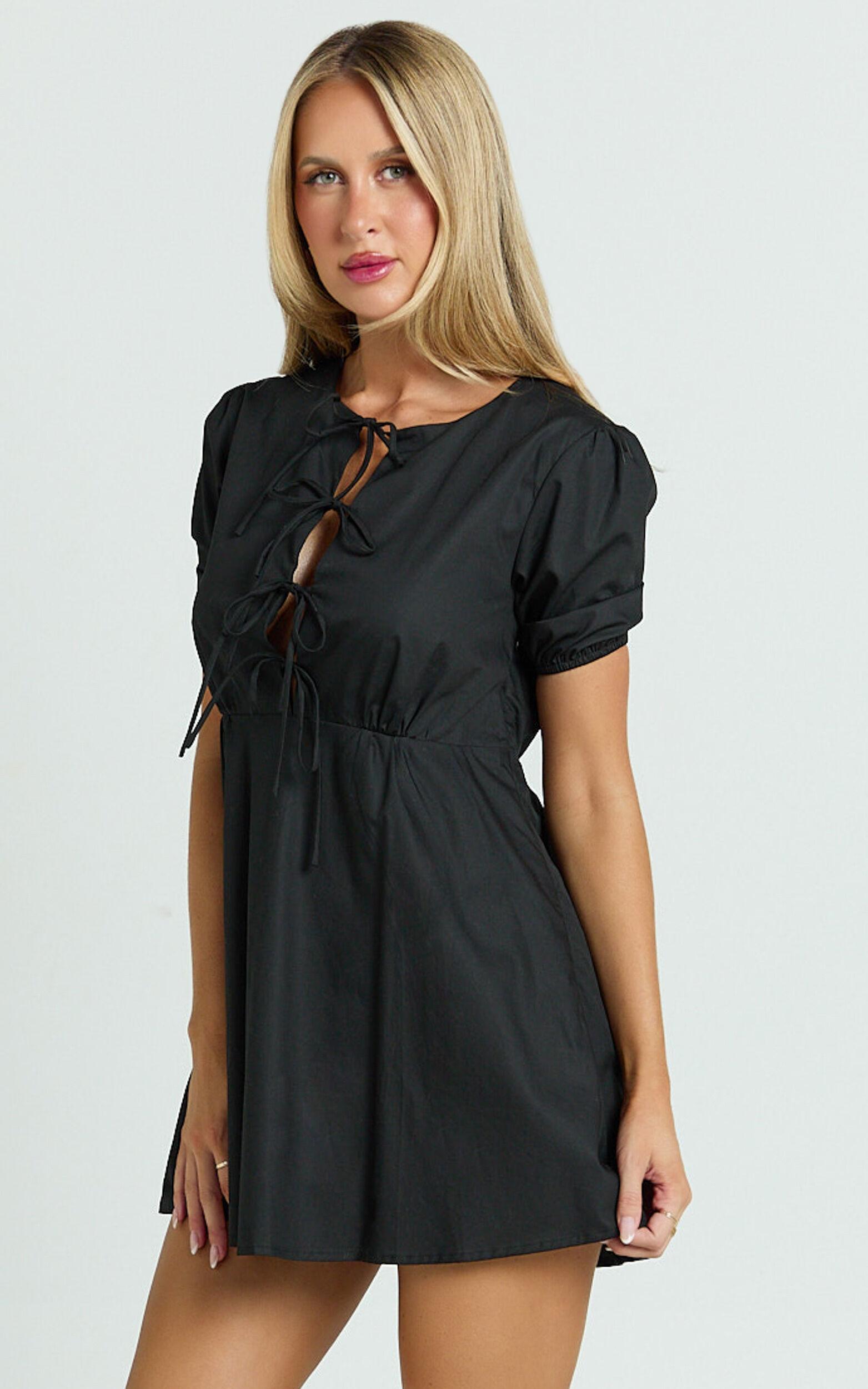 Hattie Mini Dress - Tie Front Puff Sleeve Dress in Black Product Image