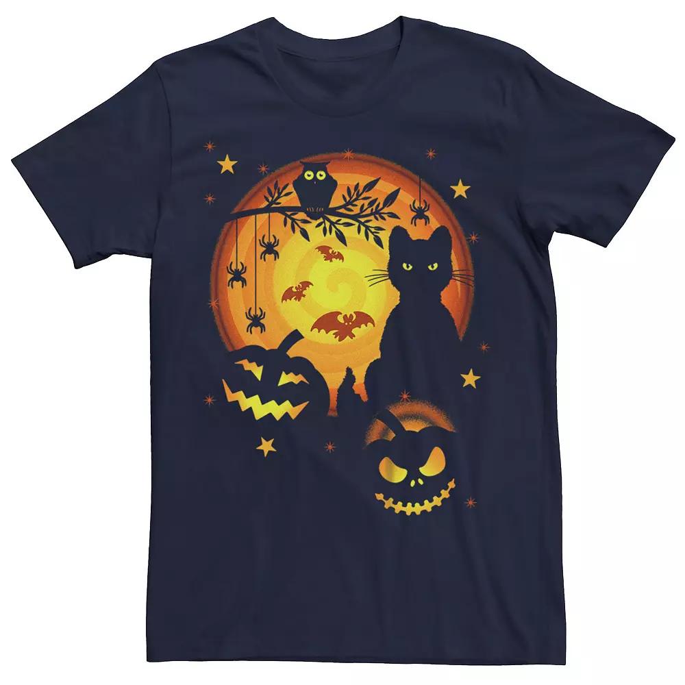 Men's Halloween Cat Owl Jack-o'-Lanterns Bats Spiders Graphic Tee, Size: XL, Black Product Image