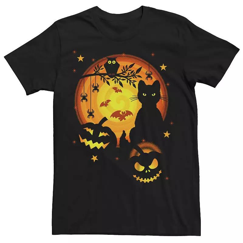 Men's Halloween Cat Owl Jack-o'-Lanterns Bats Spiders Graphic Tee, Size: XL, Black Product Image