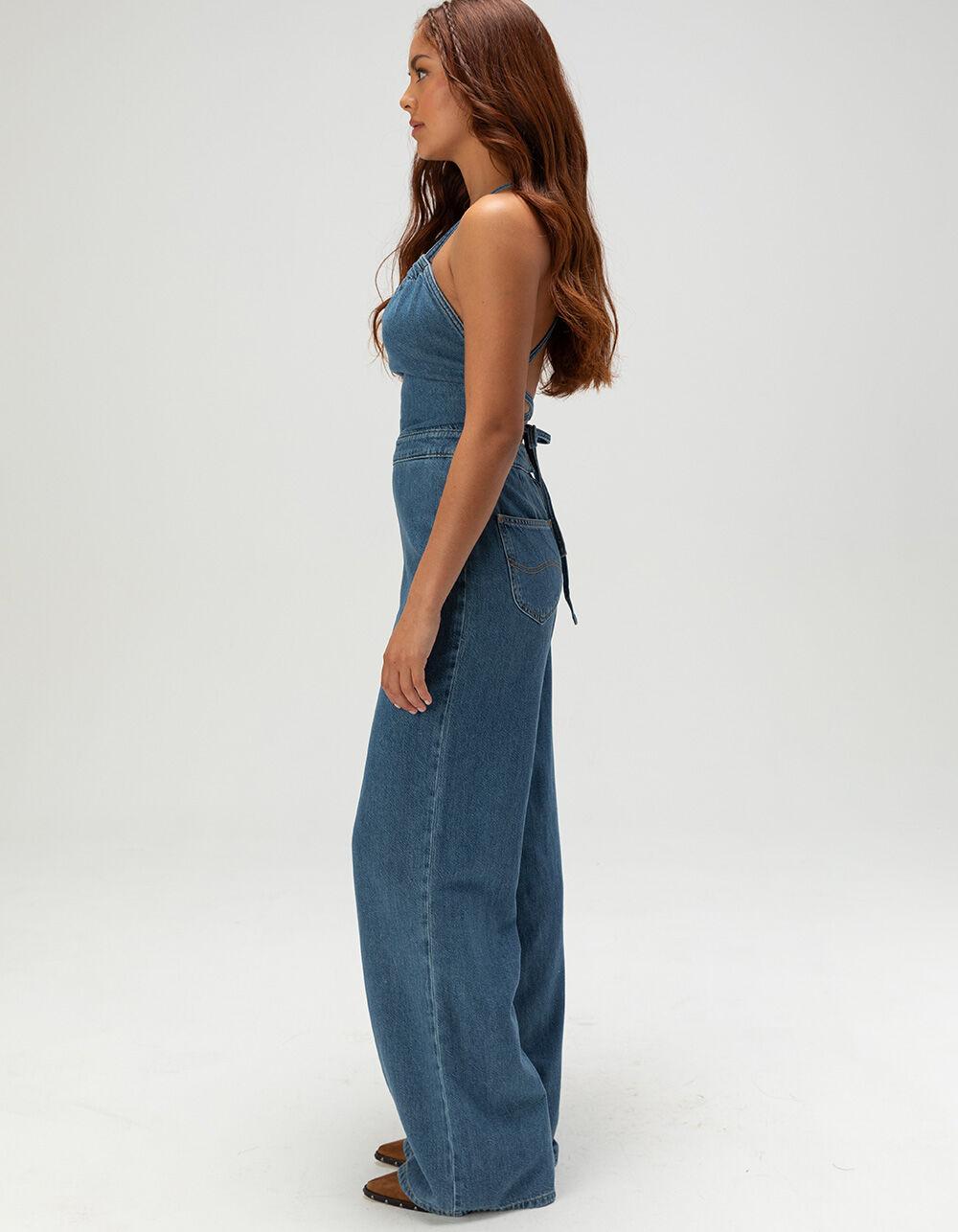 LEE Cross Back Womens Wide Leg Denim Jumpsuit - Dark Wash Product Image