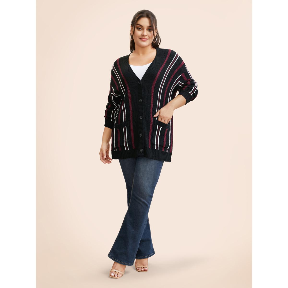 Plus Size Striped Patched Pocket Drop Shoulder Cardigan Black Women Casual Long Sleeve Everyday Cardigans BloomChic 30/6X Product Image