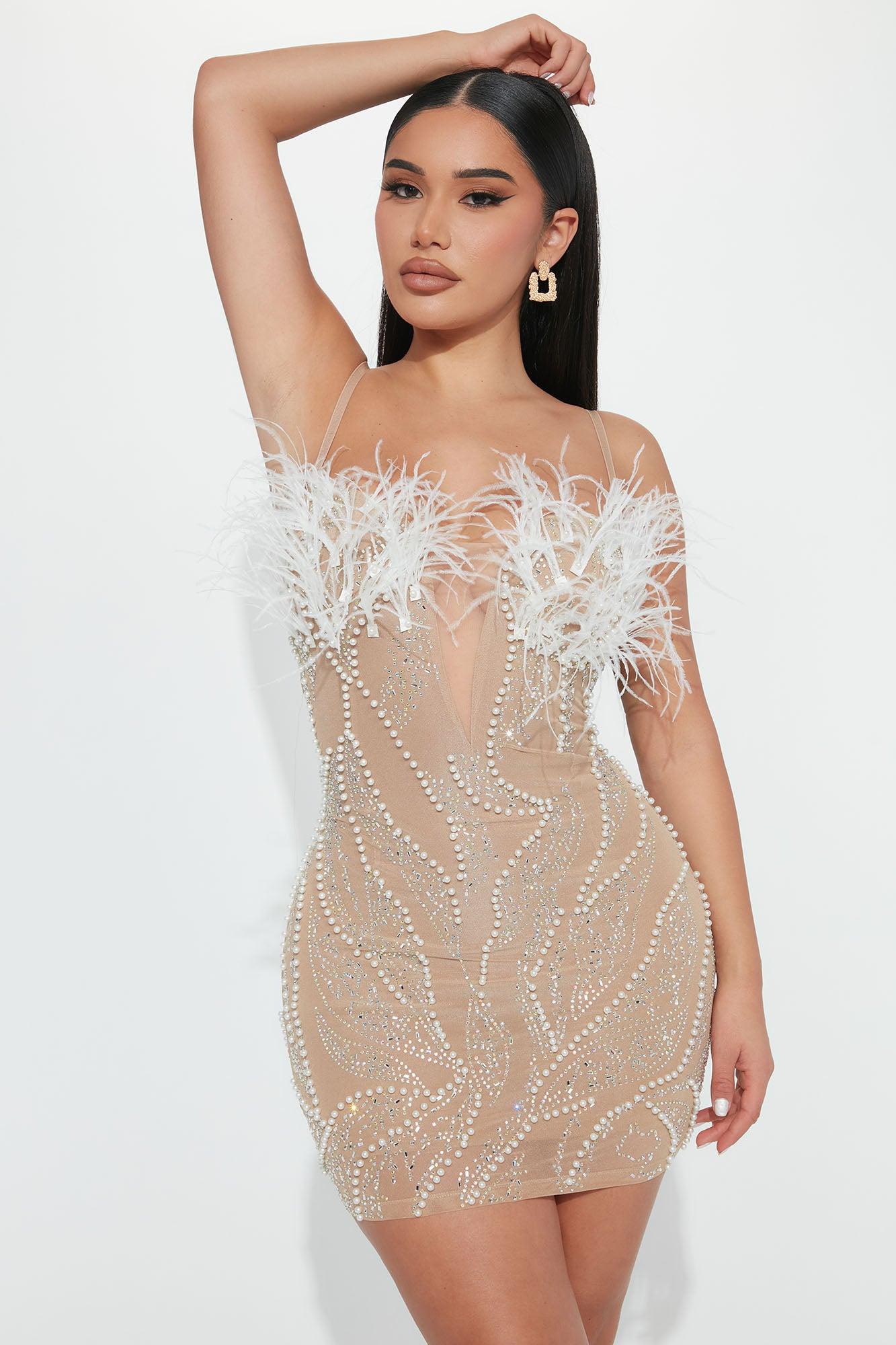 Maya Embellished Mini Dress - Nude Product Image