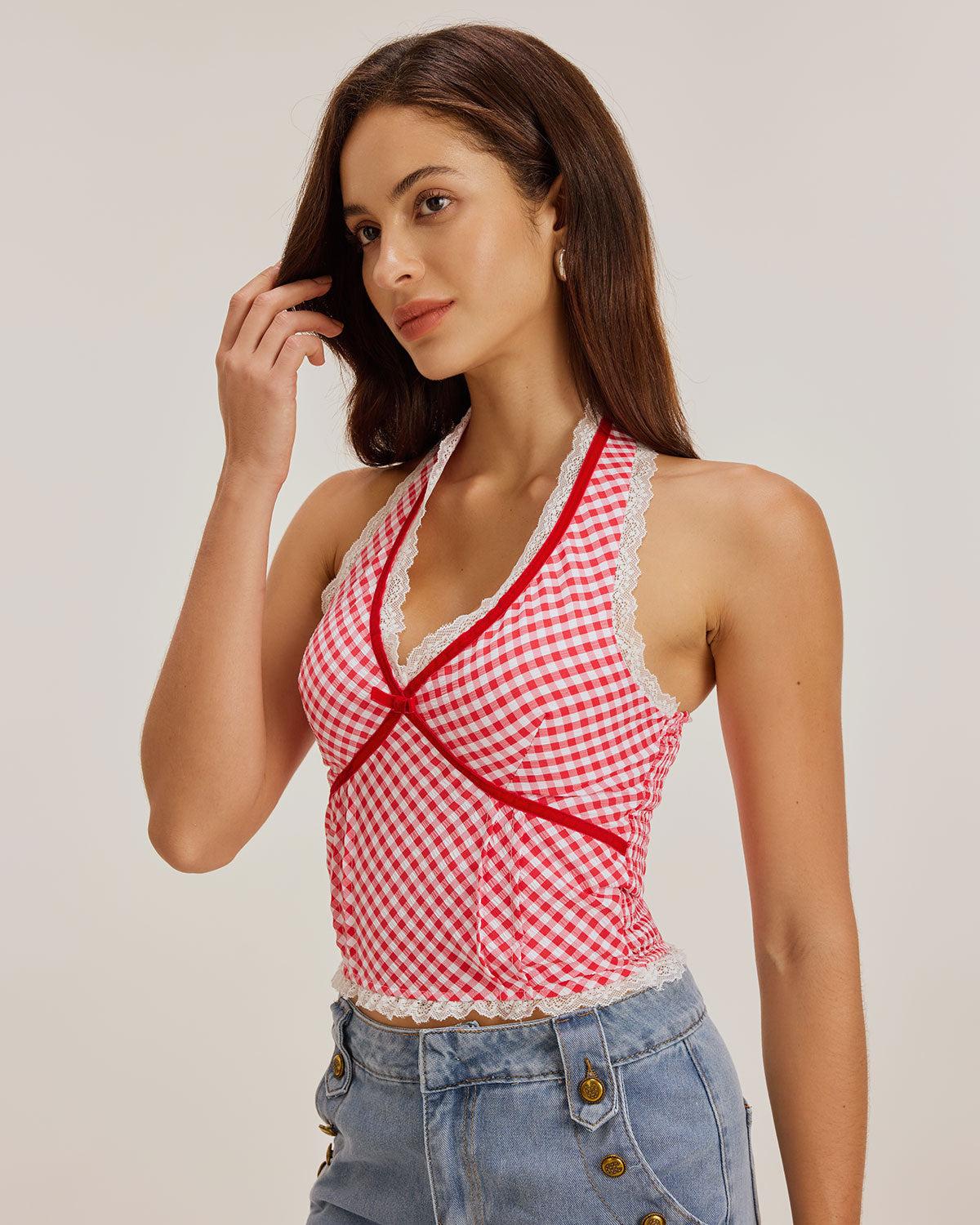 Red Plaid Halter Tank Top Product Image
