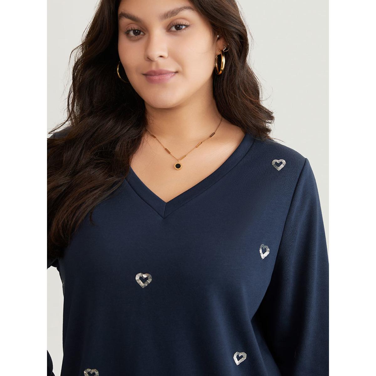 Plus Size Solid Heart Sequin V Neck Sweatshirt Women Indigo Elegant Sequin V-neck Dailywear Sweatshirts BloomChic 12/L Product Image