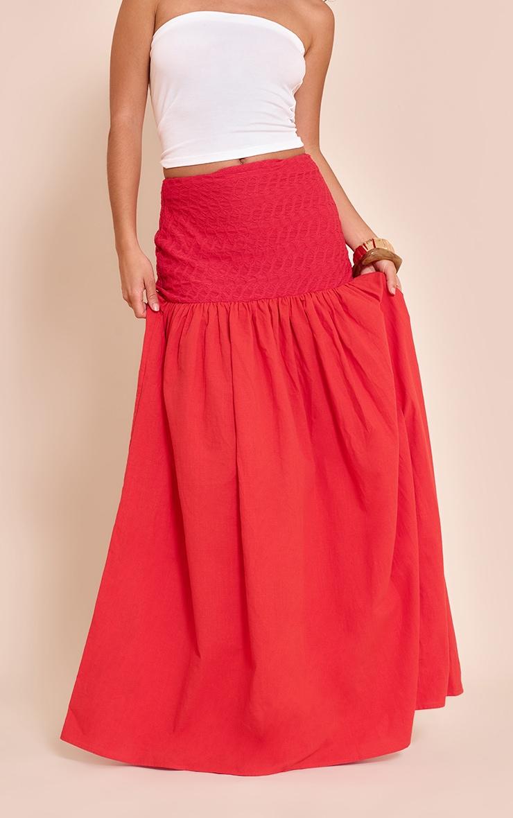 Red Textured Drop Waist Lightweight Woven Maxi Skirt Product Image