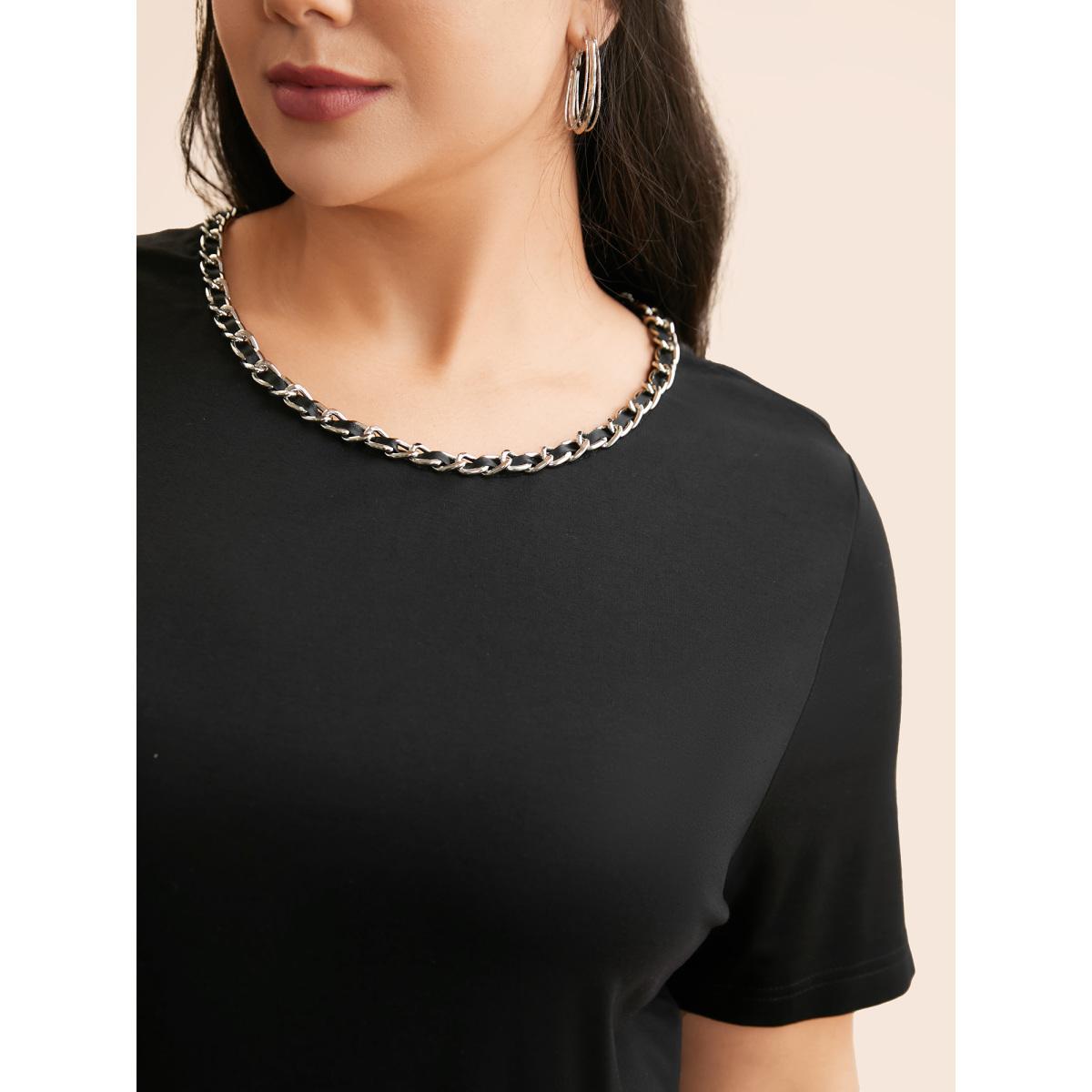 Plus Size Crew Neck Metal Chain Detail T-shirt Black Women Casual Non Round Neck Everyday T-shirts BloomChic 10/M Product Image
