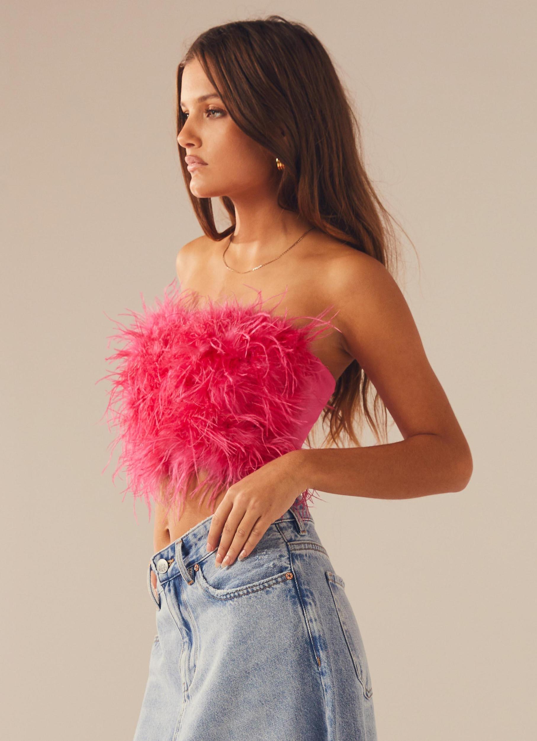 The Night Is Ours Feather Crop Top - Pink Cosmo Product Image