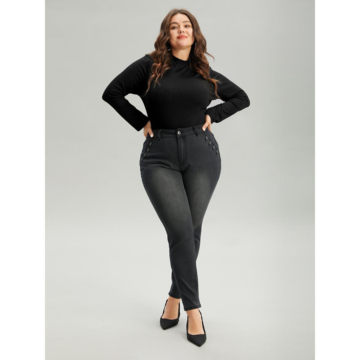 Plus Size Black Wash Button Detail Skinny Jeans Women DimGray Casual Plain Plain High stretch Pocket Jeans BloomChic 26/4X Product Image