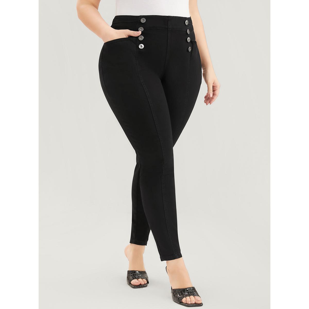 Plus Size Skinny Slightly Stretchy High Rise Black Wash Button Detail Pocket Jeans Women Black Casual Plain Plain Low stretch Pocket Jeans BloomChic 28/5X Product Image