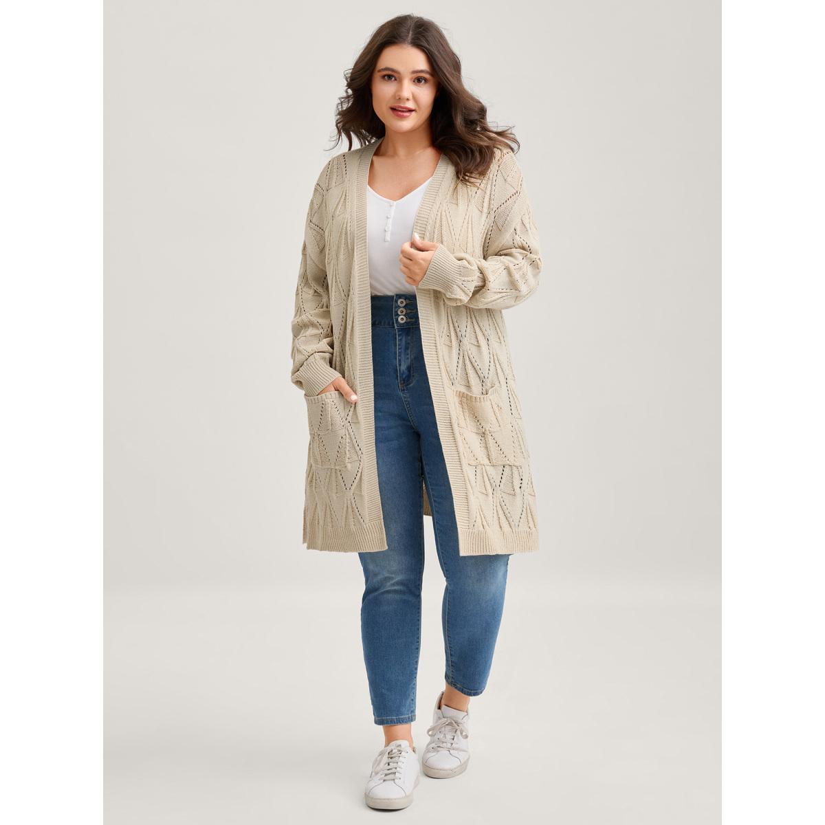 Plus Size Textured Cut-Out Slit Pockets Knit Cardigan Apricot Women Leisure Loose Long Sleeve Casual Cardigans BloomChic 14-16/1X Product Image