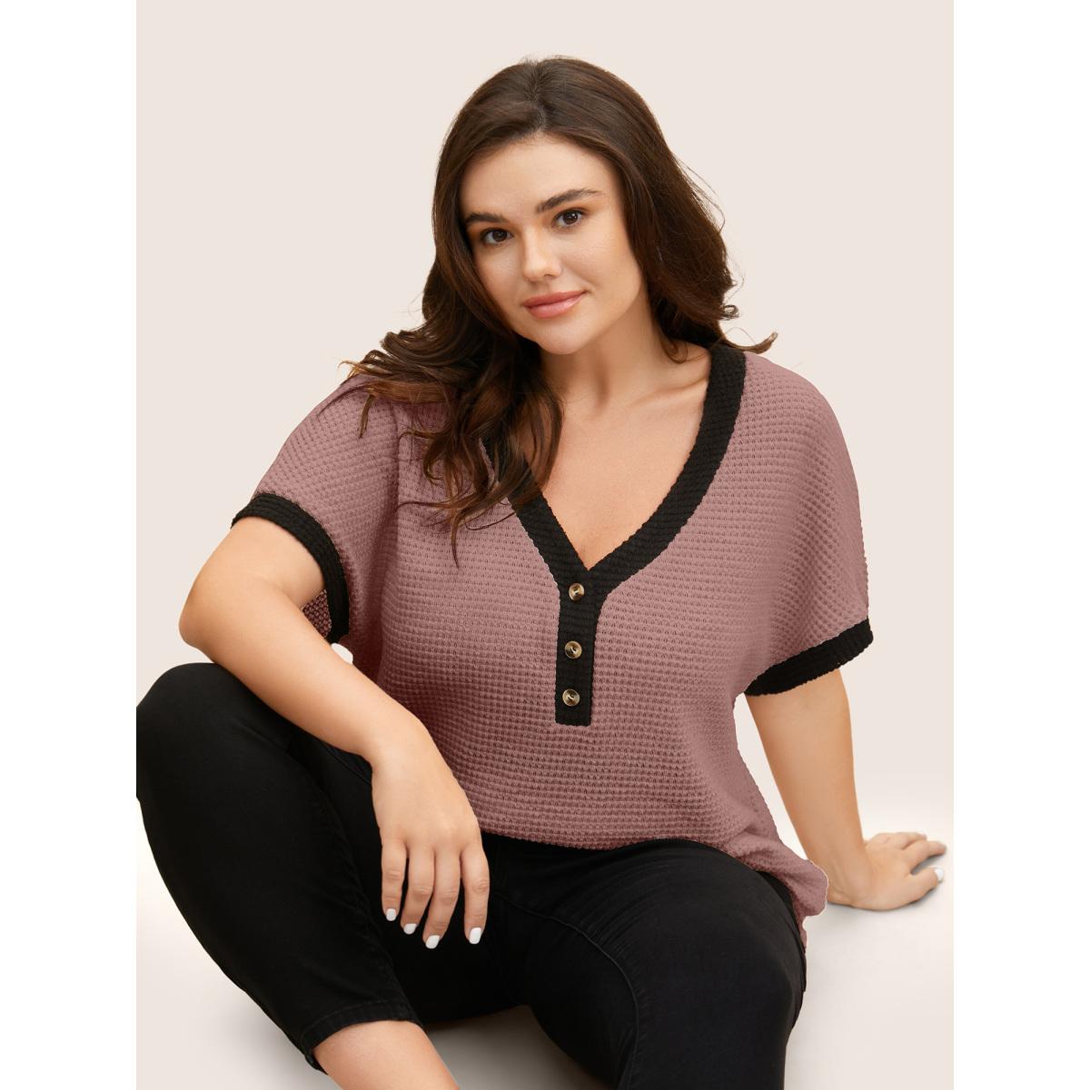 Plus Size V Neck Contrast Button Detail Knit T-shirt DustyPink Women Casual Texture V-neck Everyday T-shirts BloomChic 22-24/3X Product Image
