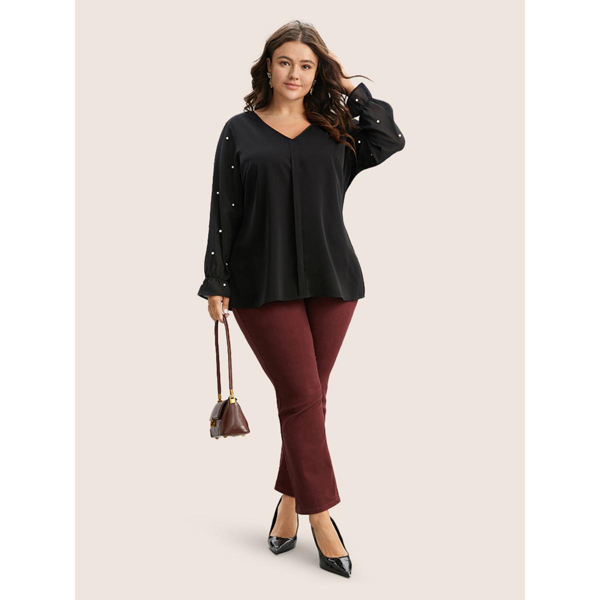 Plus Size Black Pearl Beaded Mesh Patchwork Ruffles Blouse Women Timeless Long Sleeve V-neck Elegant Blouses BloomChic 12/L Product Image