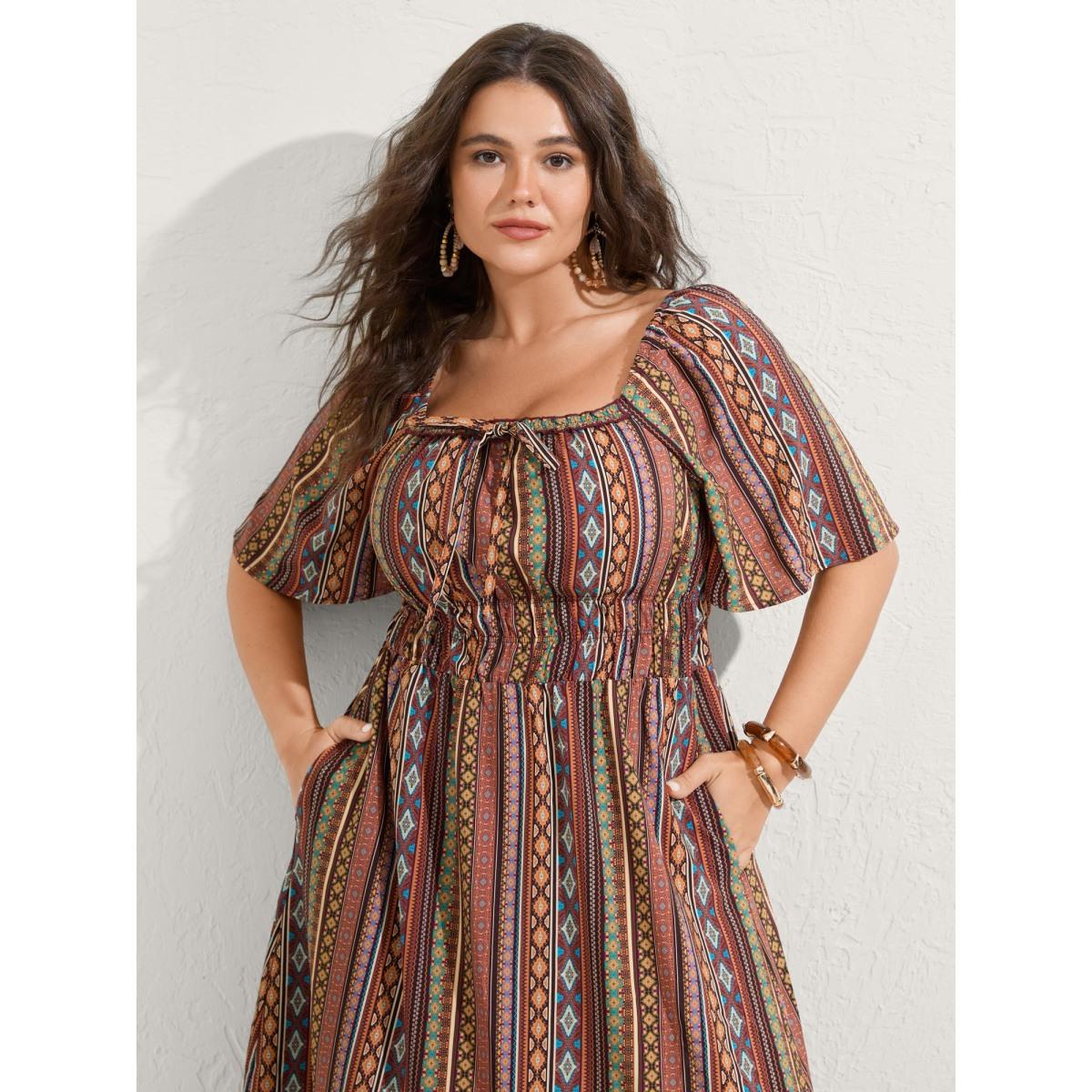 Plus Size Striped Cinched-Waist Midi Dress Yellowishbrown Women Boho Tie knot Square Neck Half Sleeve Curvy BloomChic 22-24/3X Product Image