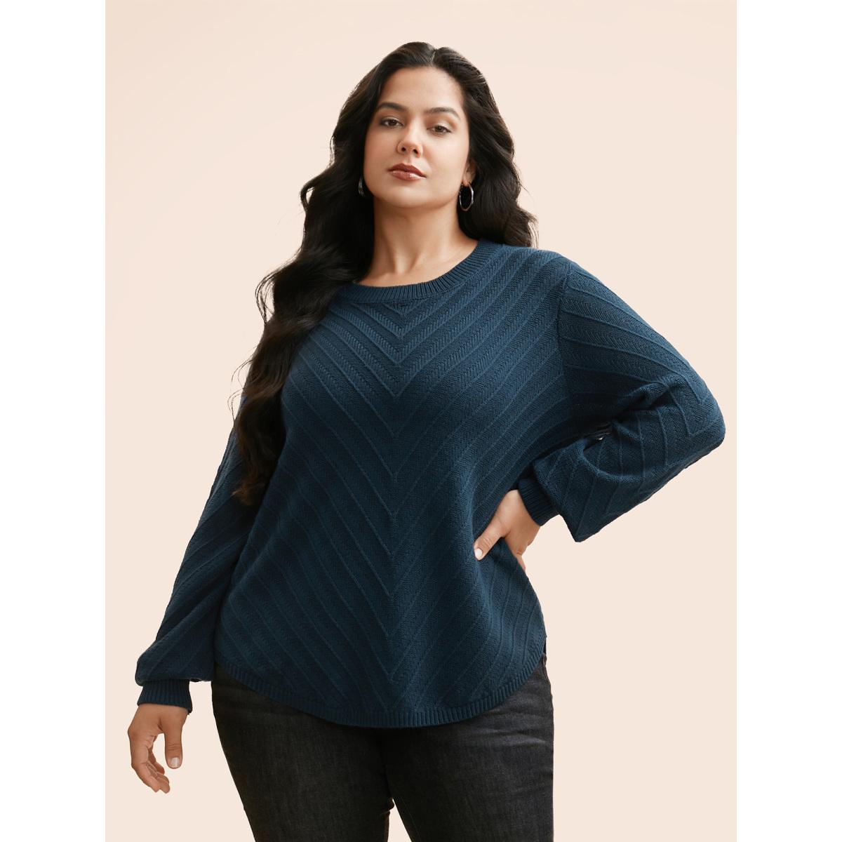 Plus Size Plain Textured Crew Neck Pullover DarkGreen Women Casual Loose Long Sleeve Boat Neck Everyday Pullovers BloomChic 28/5X Product Image