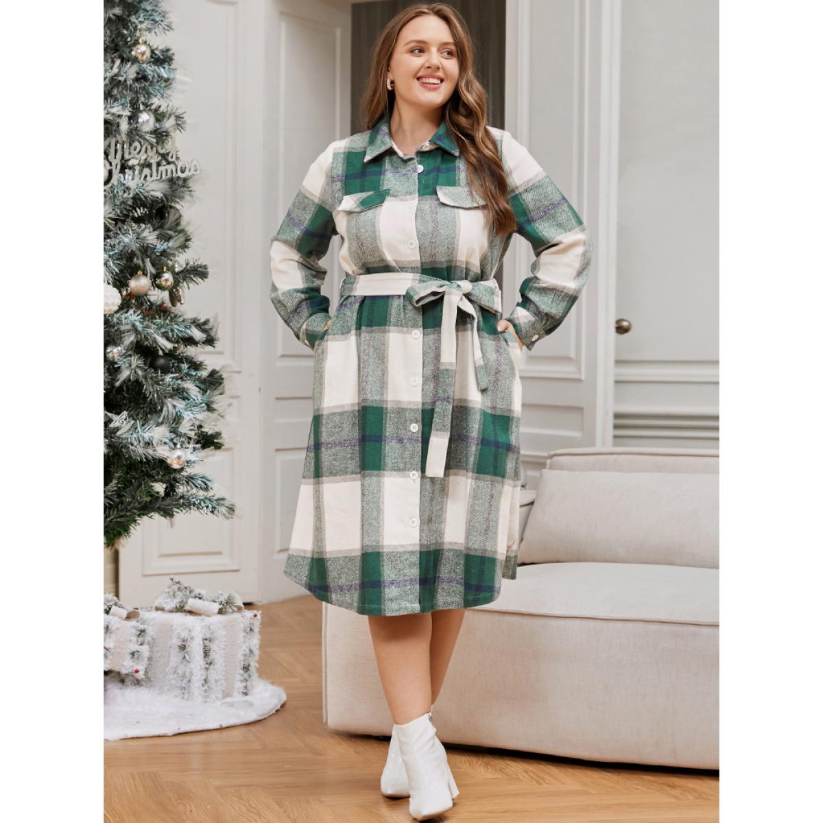 Plus Size Plaid Pocket Button Up Belted Shirt Collar Dress Green Women Elegant Button Shirt collar Long Sleeve Curvy Midi Dress BloomChic 28/5X Product Image