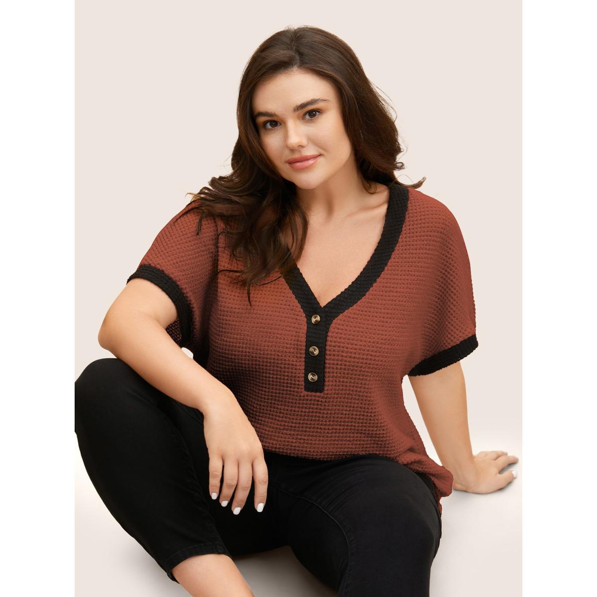Plus Size V Neck Contrast Button Detail Knit T-shirt Rust Women Casual Texture V-neck Everyday T-shirts BloomChic 22-24/3X Product Image