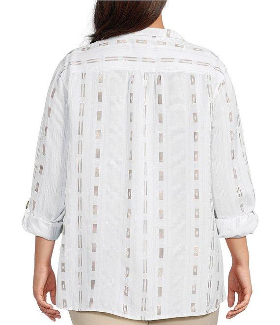 Ali Miles Plus Size Stripe Dotted Geometric Wire Collar 3/4 Roll-Tab Sleeve Tunic Product Image