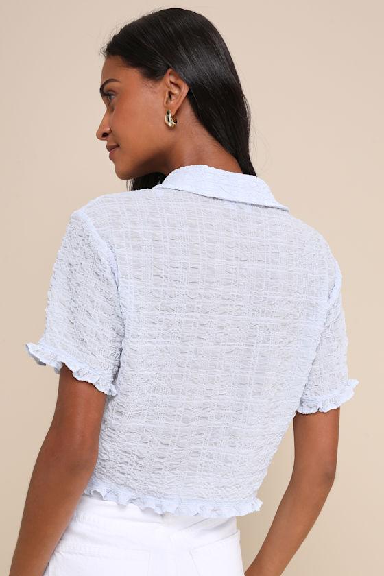 Playful Impression Light Blue Textured Button-Up Collared Top Product Image