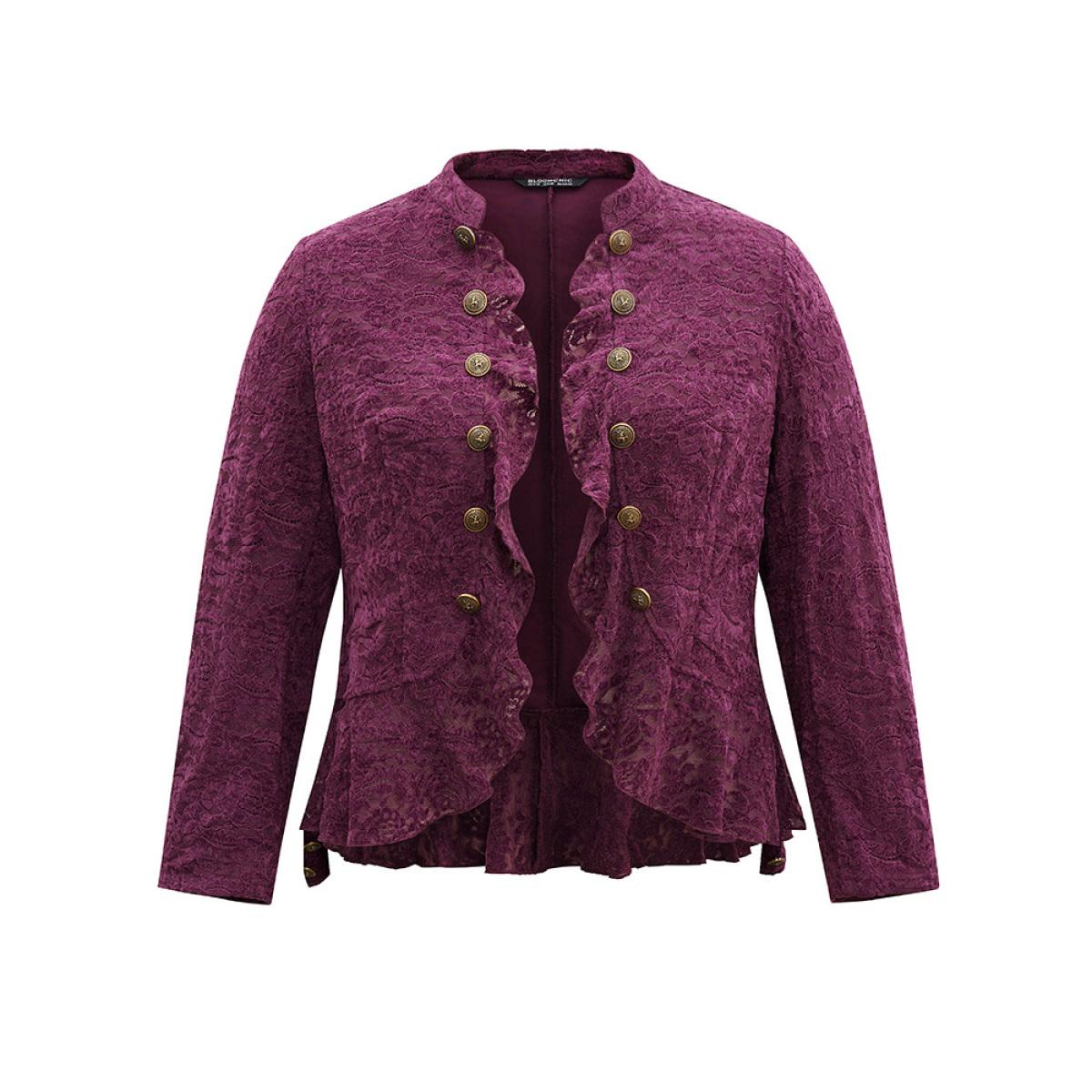 Plus Size Guipure Lace Ruffle Trim Buckle Detail Jacket Women Purple Plain Dailywear Jackets BloomChic 26/4X Product Image