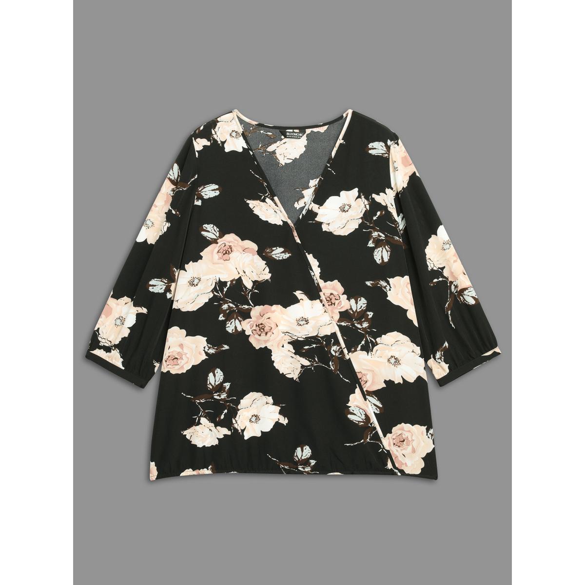 Plus Size Black Overlap Collar Floral Print Blouse Women Elegant Elbow-length sleeve Overlap Collar Everyday Blouses BloomChic 30/6X Product Image